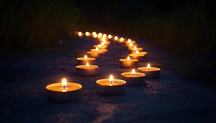 Rows of glowing candles illuminating a path forward in the darkness, symbolizing solidarity