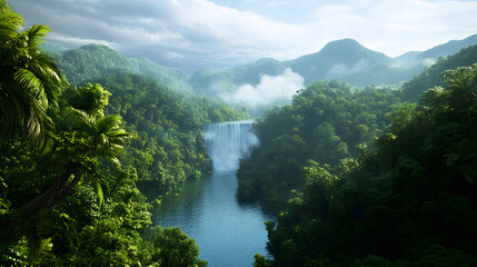 stunning waterfall cascading into serene river surrounded by lush greenery