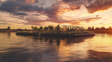 Naklejka premium Serene Sunset Over Floating Greenhouse Island