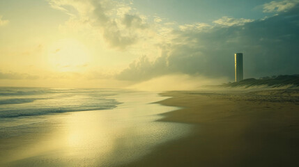 Fototapeta premium Serene Sunrise Over Misty Beach with Tower
