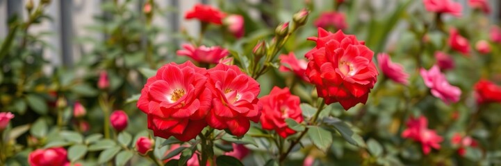 Close-up of numerous vibrant red roses blooming in a beautiful garden setting, roses, nature