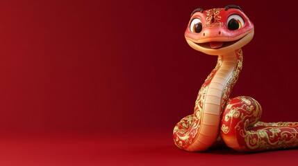 Fototapeta premium A charming Chinese snake set against a red background with a festive vibe. The snake has gold decorations and patterns on its body, large expressive eyes, a smiling face with two visible fangs
