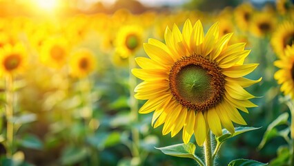 Fototapeta premium Close-up of bright yellow sunflower petals unfolding from a tall green stem in a field with soft focus background, warm colors, close up