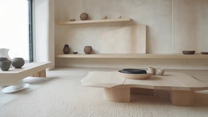 Minimalist interior design featuring natural materials and soft neutral colors in a modern living space