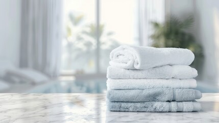 Product display: Towels on marble table with blurred background for montage.