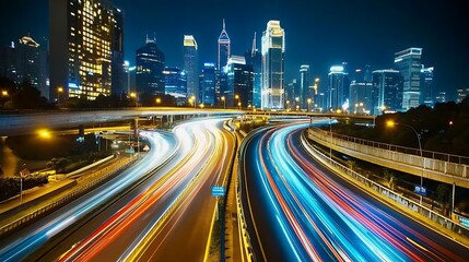 Fototapeta premium Night time cityscape with traffic lights and trails of light streaks modern urban environment image Clean Blank Canvas with Empty Space for Designs