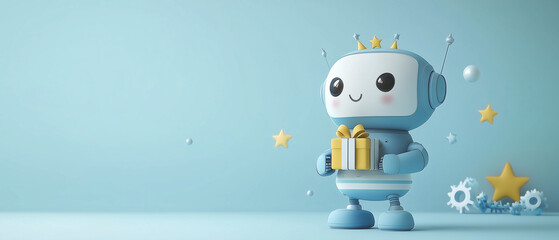 Naklejka premium Happy Robot Holding Gift With Stars in Blue Background.