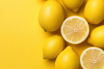 Fresh lemons and slices creating a vibrant composition on yellow background