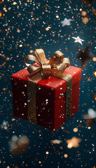 Luxurious 3D Christmas Present with Gold Ribbon on Blue Background