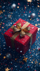 Luxurious 3D Christmas Present with Gold Ribbon on Blue Background
