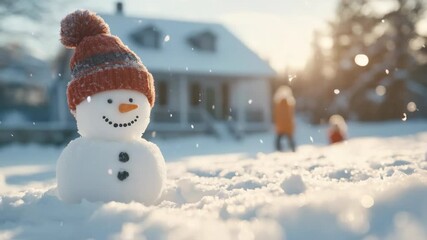 Playful snowman scene with family silhouettes under softly falling snow embodies winter joy, perfect for holiday resort marketing, winter activity promotions, and seasonal entertainment advertising