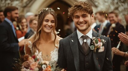 Joyful newlyweds exit church amid shower of rose petals capturing pure wedding bliss, ideal for bridal services advertising, wedding venue promotions, and romantic lifestyle content