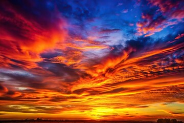 Obraz premium Bold orange and red shades of a blazing sunset against a darkening blue and purple sky, fiery colors, intense sunsets, red, blue