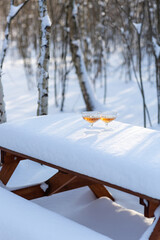 Two glasses of champagne on a snowy table