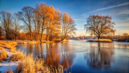 Fototapeta premium Autumnal landscape with bare trees and a frozen lake in the background, bare branches, snowy, wintry, landscape, arctic