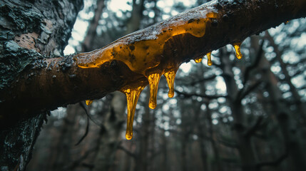 Golden Tree Sap Dripping in Forest