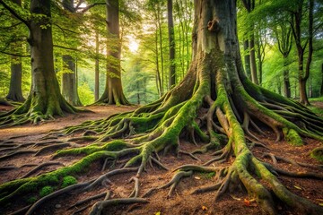Ancient tree trunks and gnarled roots in a forest floor landscape, ancient tree trunks, tree bark, tree growth, weathered wood, forest terrain