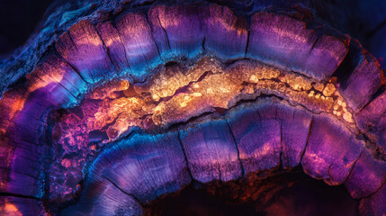 Vibrant Cross-Section of Mineral Geode with Luminescent Colors