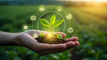 Agriculture technology and smart farming concept. Businessman hand holding green sprout growing in soil over blurred agriculture background generated by AI