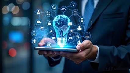 Close-up of businesswoman's hand using tablet with glowing network hologram generated by AI