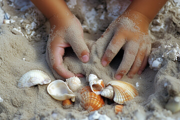 Sandy hands digging in a sandbox