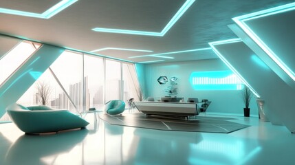 Futuristic Living Room with City View