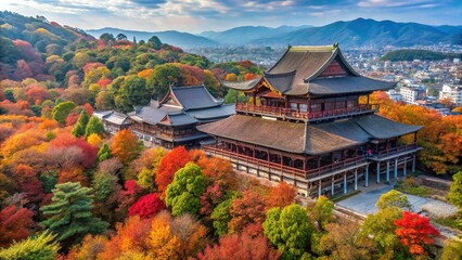 Aerial view of Sanjunoto pagoda and Kiyomizu dera Temple during autumn season in Kyoto