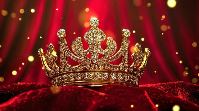 A golden crown with diamonds sits on red velvet with sparkling lights in the background