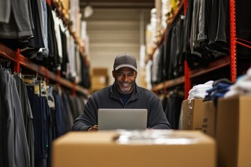 Fototapeta premium A cheerful small business owner works on a laptop in a clothing warehouse. Racks of neatly