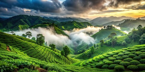 3. A majestic green tea garden with rolling hills and misty clouds in the Sylhet region, a realistic photo image.