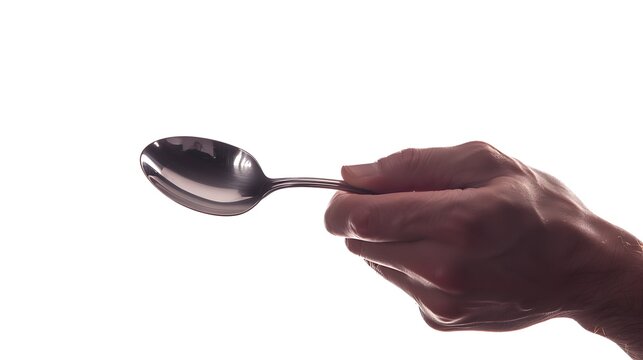 A human hand gripping a shiny metal spoon, isolated on a pure white background, with realistic reflections and textures.