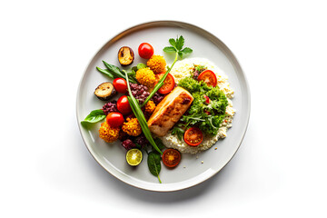 Grilled Salmon with Rice and Vegetables on White Plate, Isolated. Generative AI