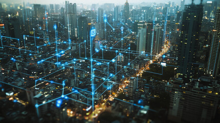 Naklejka premium Smart digital Innovation city with connection network reciprocity over the cityscape. of future smart wireless digital city and social media networking systems that connects people with in city