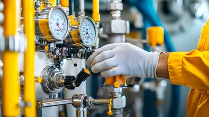 Closeup view of an engineer s gloved hand carefully adjusting various instrumentation and controls on an industrial control panel with digital displays and gauges visible