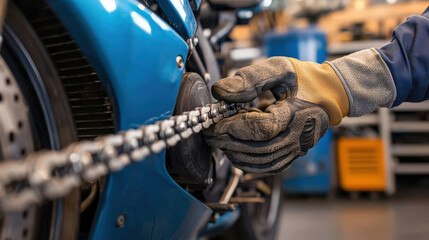 Close up of mechanic hand wearing gloves, working on motorcycle chain. focus is on precision and care in maintenance, showcasing importance of proper upkeep