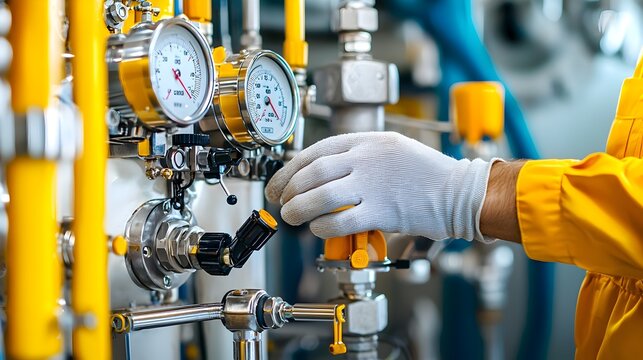 Closeup view of an engineer s gloved hand carefully adjusting various instrumentation and controls on an industrial control panel with digital displays and gauges visible