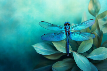 Vibrant Blue Dragonfly on Delicate Green Leaves