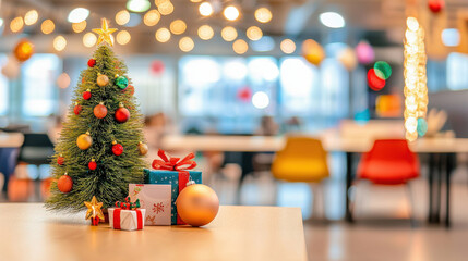 festive learning space featuring small Christmas tree, colorful gifts, and warm holiday lights, creating cheerful atmosphere for season
