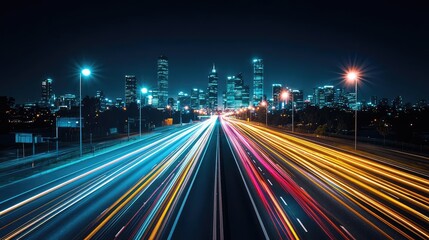 Dynamic light trails on a highway, modern city skyline at night, vibrant urban scene.