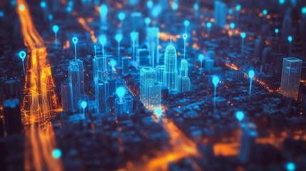 Fototapeta premium Smart digital Innovation city with connection network reciprocity over the cityscape. of future smart wireless digital city and social media networking systems that connects people with in city