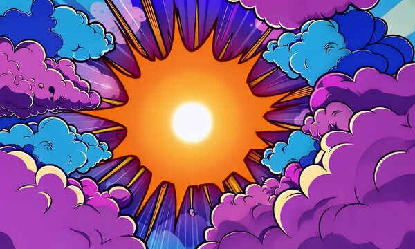 Comic explosion of color and light rays with lightning bolts in the sky, bold lines and bright colors, pop art and vector graphics, pop culture, 2D animation, 