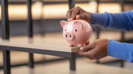minimalist shot of hands placing piggy bank on empty shelf, symbolizing savings and financial planning. soft colors create calm atmosphere