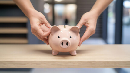 Minimalist shot of hands placing piggy bank on empty shelf, symbolizing savings and financial planning. clean background enhances focus on piggy bank