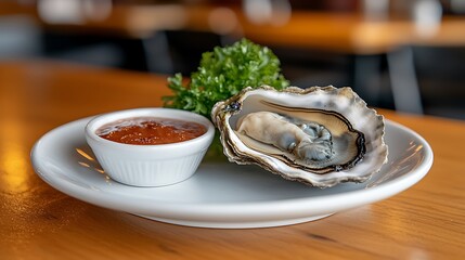 Indulge in freshly shucked oysters with tangy sauce and garnish a culinary delight on a rustic table