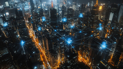 Obraz premium Smart digital Innovation city with connection network reciprocity over the cityscape. of future smart wireless digital city and social media networking systems that connects people with in city