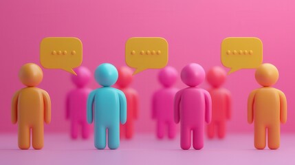 Colorful figurines in debate with speech balloons expressing ideas