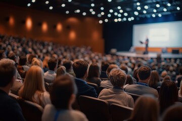A large audience sits in a conference hall, attentively watching a speaker on stage