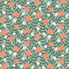 Coral red, peach and white colored wild rose bushes and forest green leaves forming a floral wall with a sage green background. Retro pattern. A seamless vector pattern. Great for home decor, fabric.