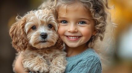 A joyful girl holding a fluffy puppy, both smiling brightly.