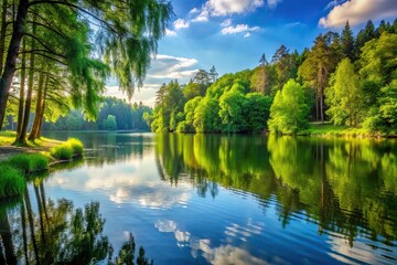 Obraz premium A tranquil lake with tall trees and lush greenery on its shore, botanicals, lake background
